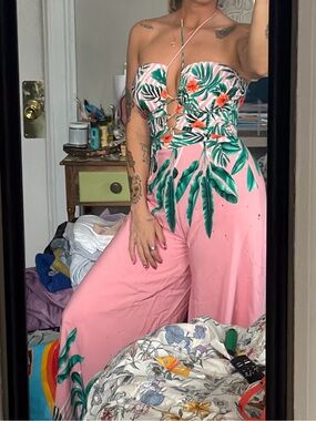 NWT Fashion Nova Maui Nights Tropical Wide Leg Halter Jumpsuit XS